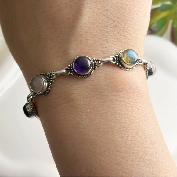 Sterling Silver 925 Jewelry Set Star Amethyst Pendant & Multi Bracelet - Picture 4 of 11